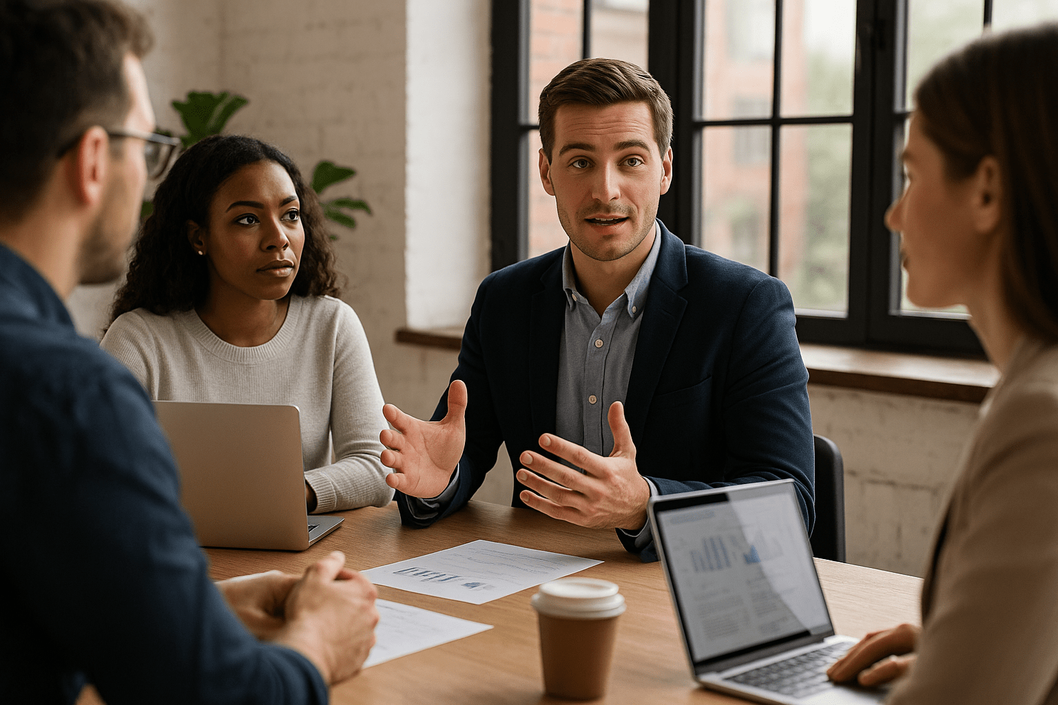 Líder orientando equipe de marketing digital em ambiente moderno de trabalho – Dica: Promover uma comunicação aberta fortalece a liderança eficaz em times digitais.