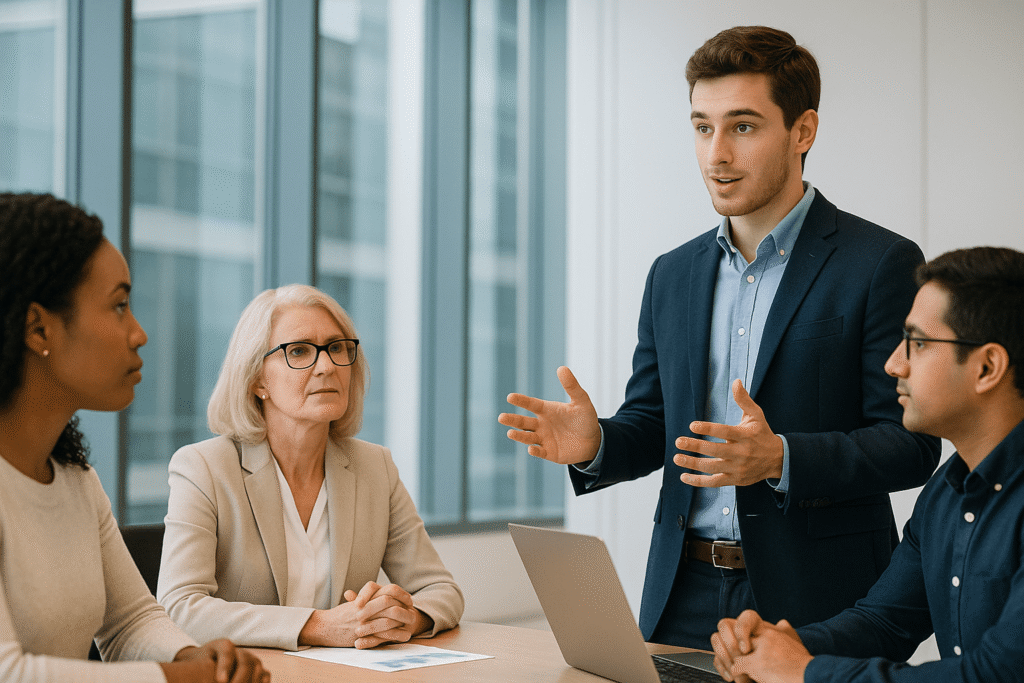 Jovem profissional de marketing liderando equipe diversa em reunião estratégica em ambiente corporativo moderno