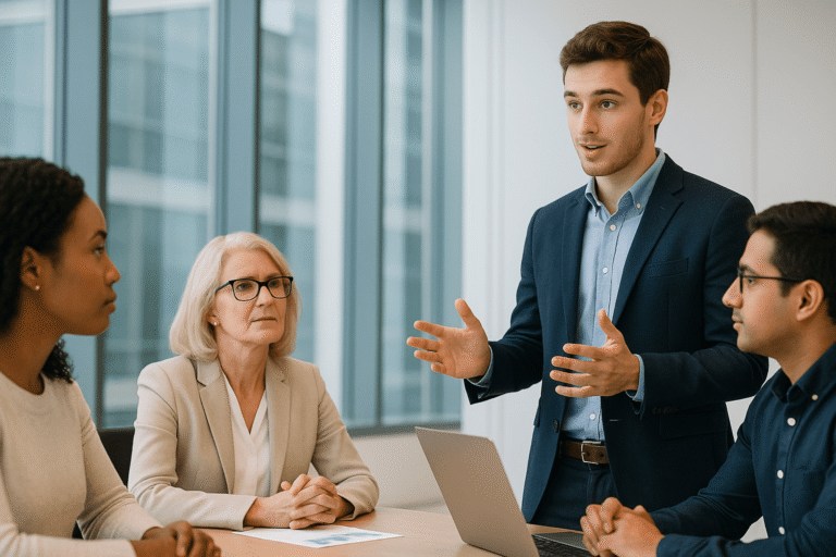 Jovem profissional de marketing liderando equipe diversa em reunião estratégica em ambiente corporativo moderno