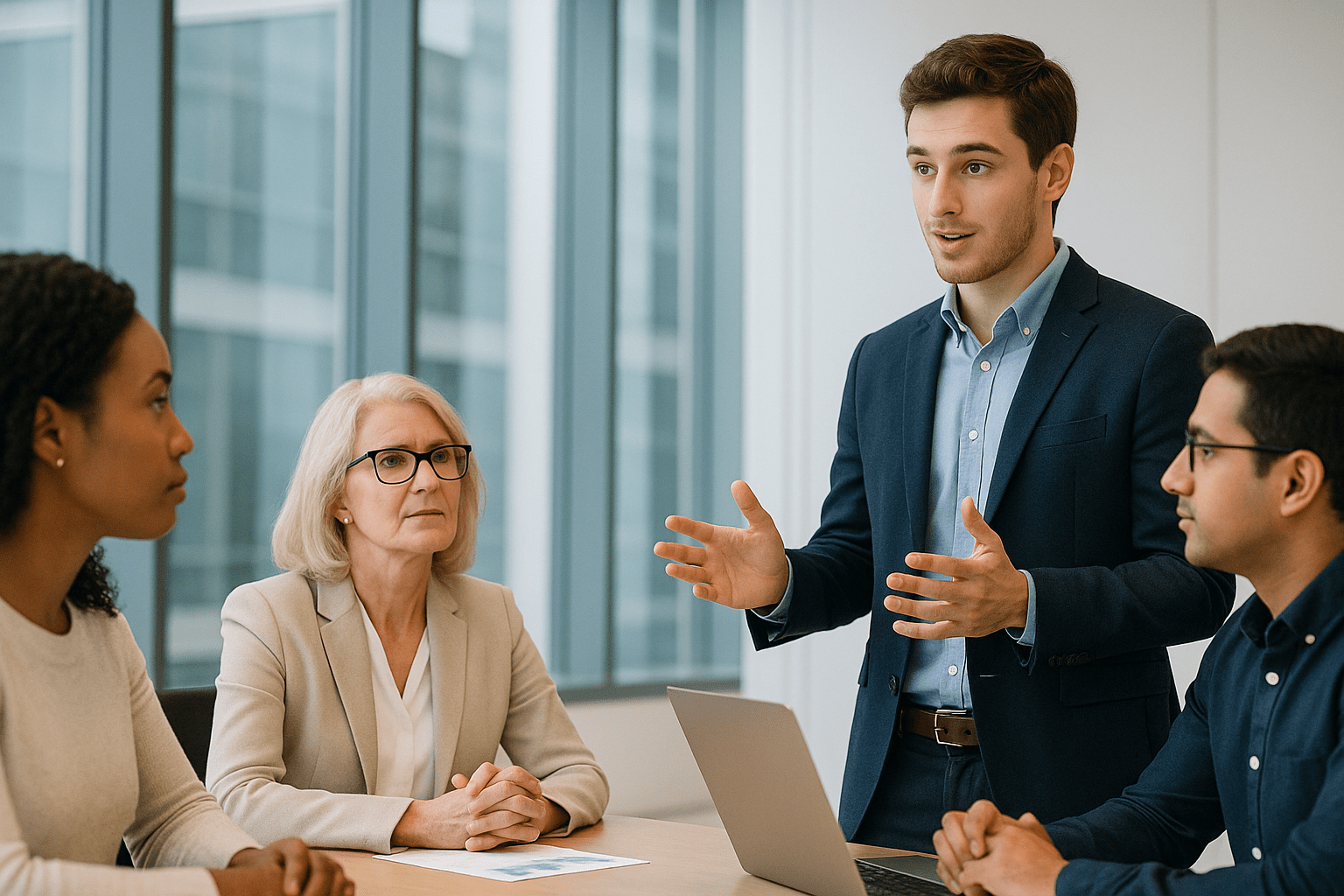 Jovem profissional de marketing liderando equipe diversa em reunião estratégica em ambiente corporativo moderno
