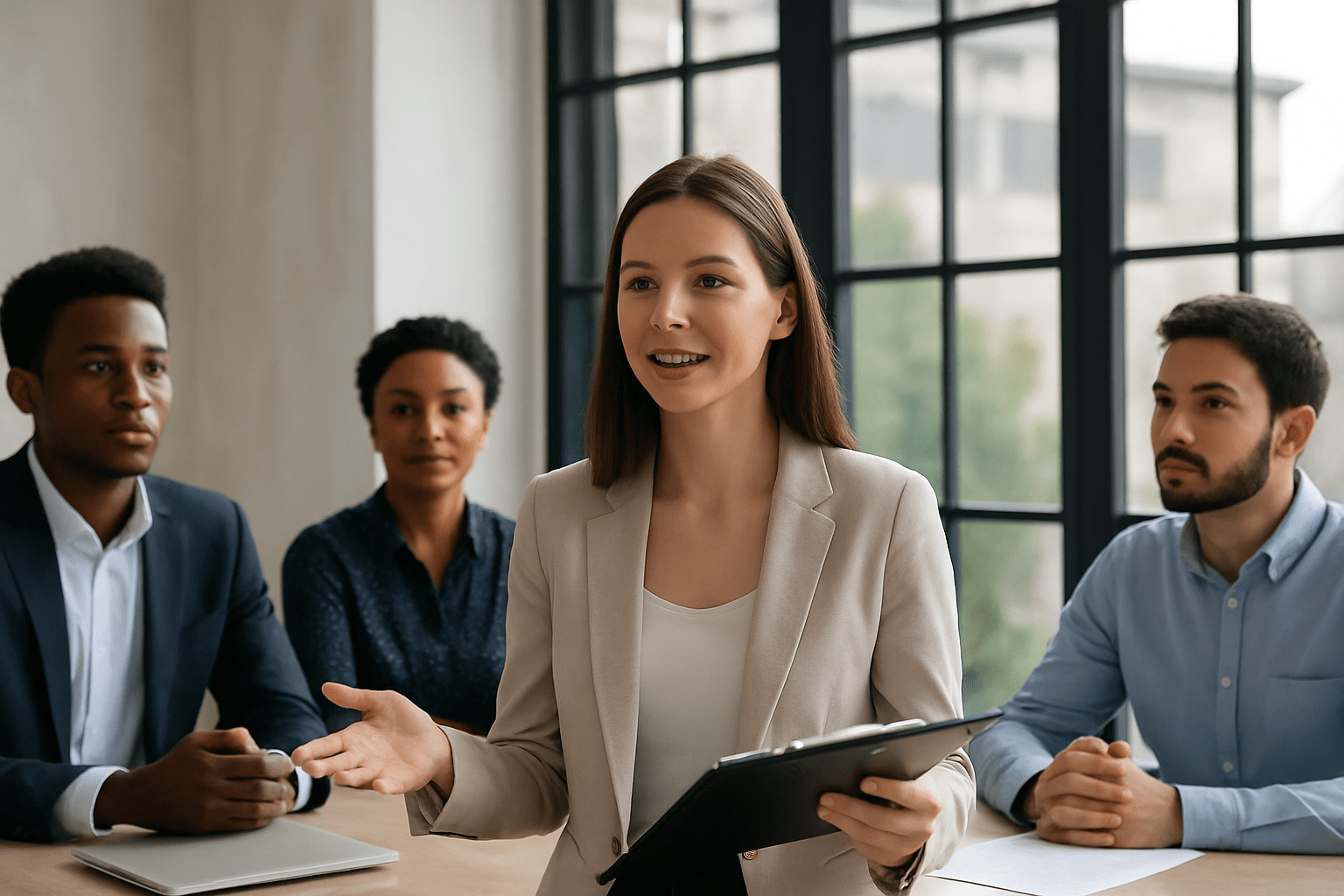 Líder feminina conduzindo reunião de equipe em mídia programática em escritório moderno com luz natural