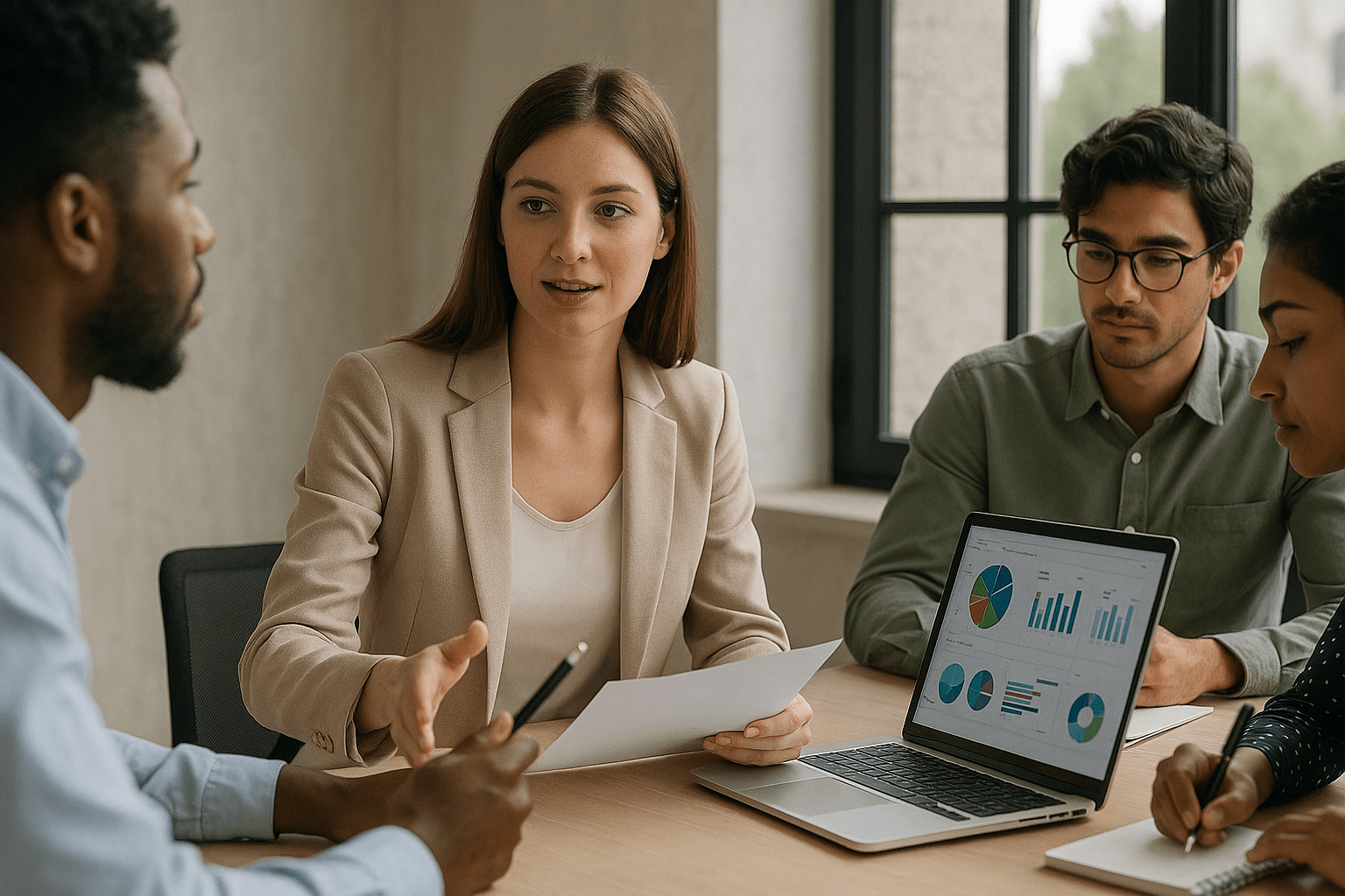 Mulher líder delegando tarefas de marketing digital em reunião de equipe com gráficos e laptops