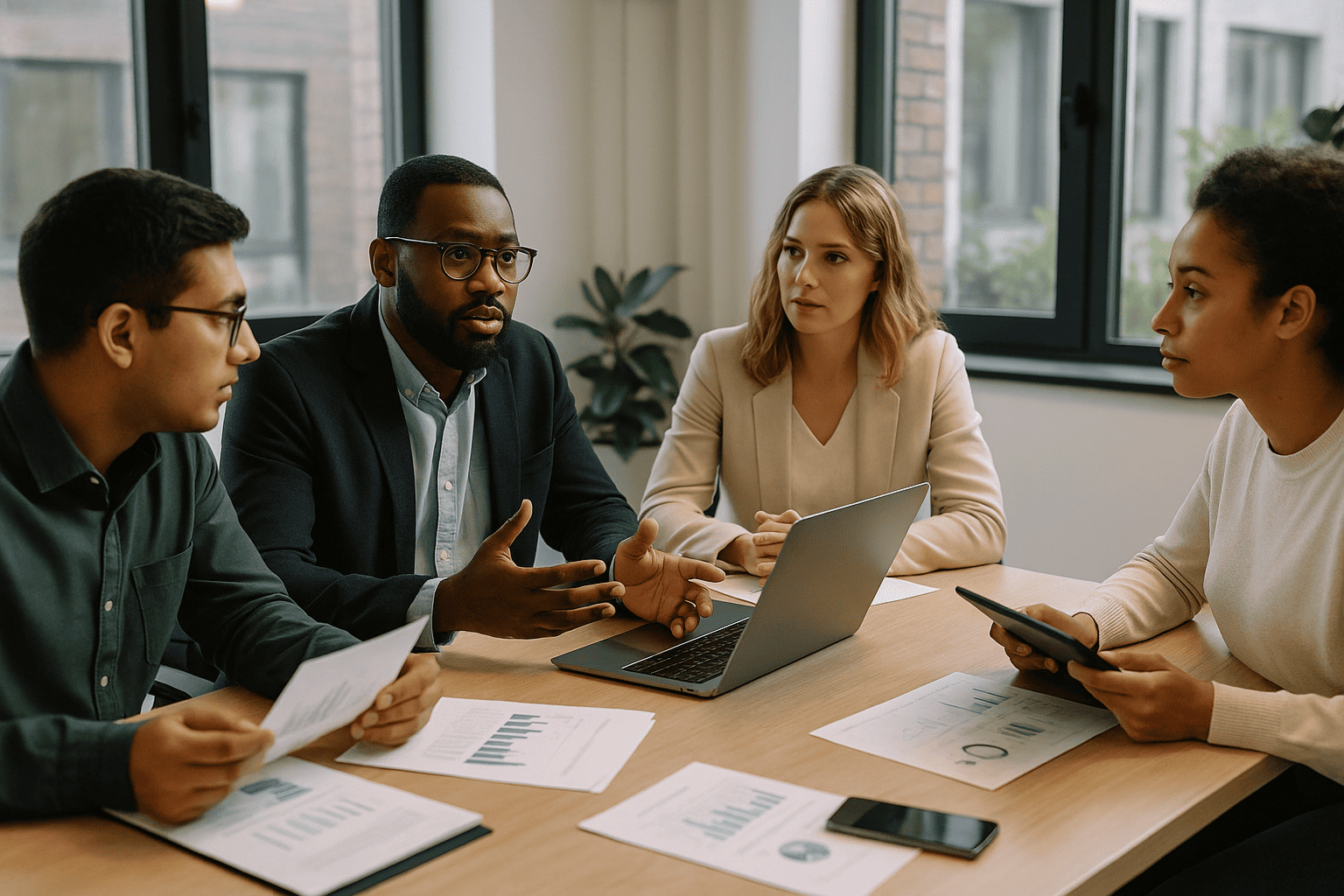 Equipe profissional analisando plataformas de mídia programática em reunião estratégica com gráficos e dados em 2025