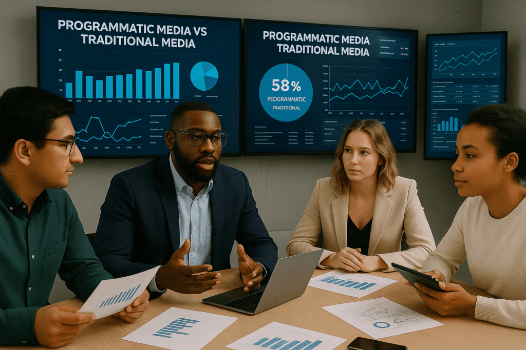 Jovens profissionais discutindo diferenças entre mídia programática e mídia tradicional