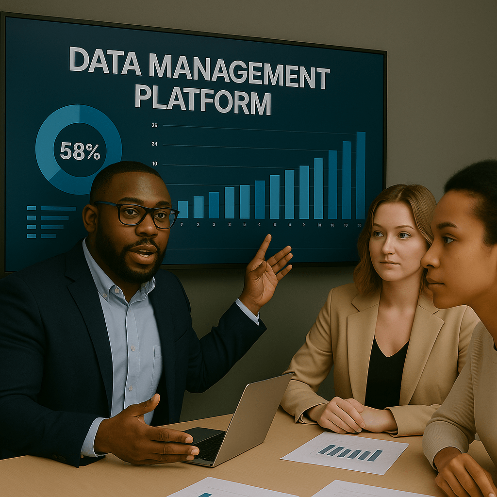 Profissionais de marketing digital analisando dados de DMP em dashboards com gráficos de segmentação de audiência e métricas de mídia programática em 2025