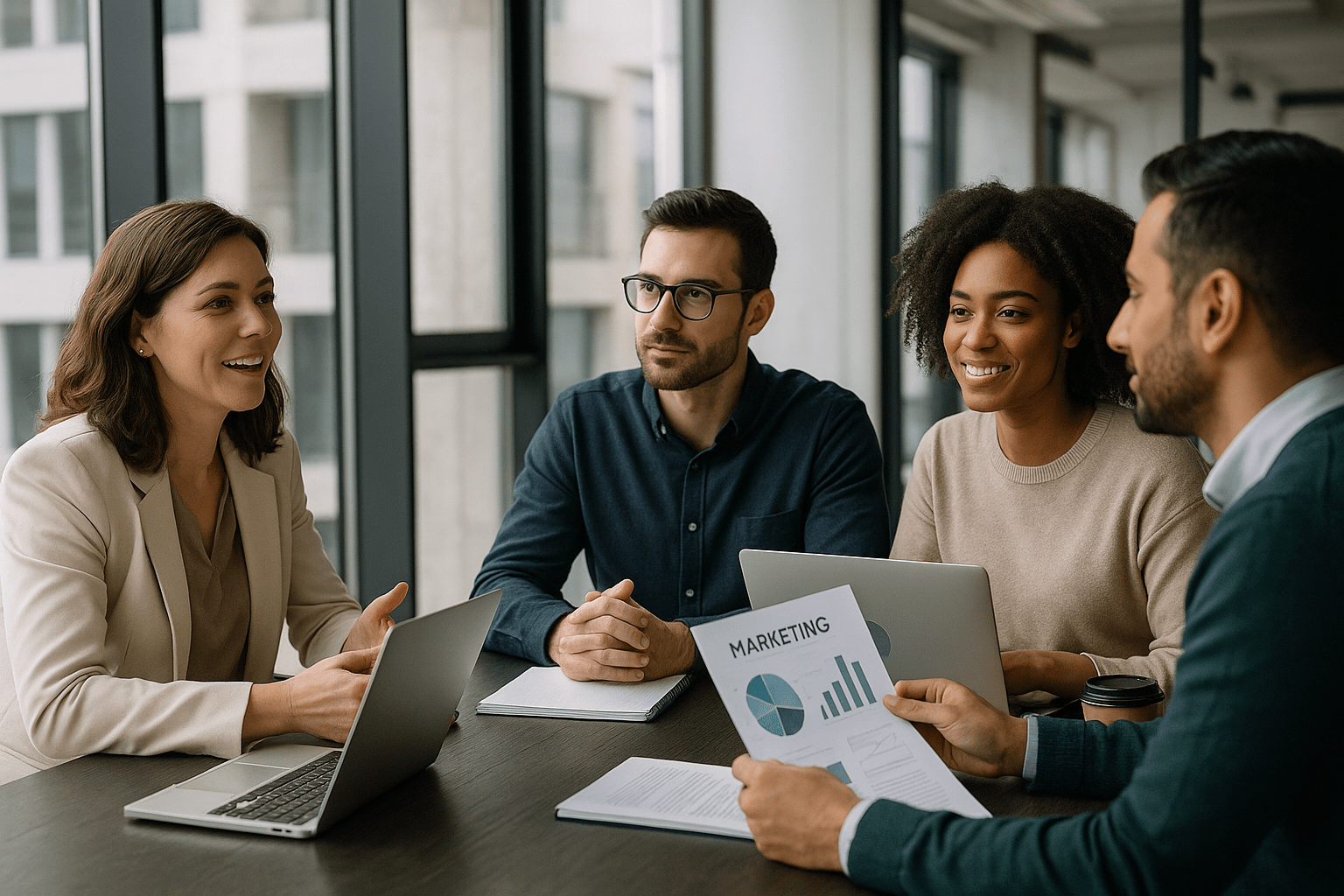 Líder de marketing apresentando competências de liderança para equipe em ambiente corporativo moderno